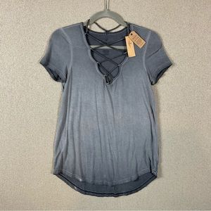 S American Eagle Grey Wash T-shirt Top with Strappy Lacing